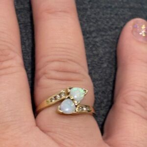 10K Yellow Gold bypass ring with opals and diamonds